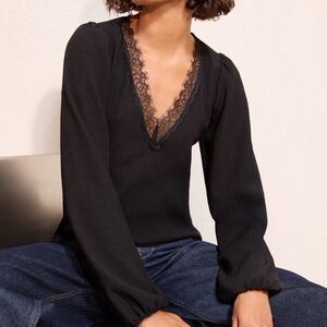 Generation Love Silky Satin V-neck Puffy Sleeve Blouse With Lace Trim At V Neck